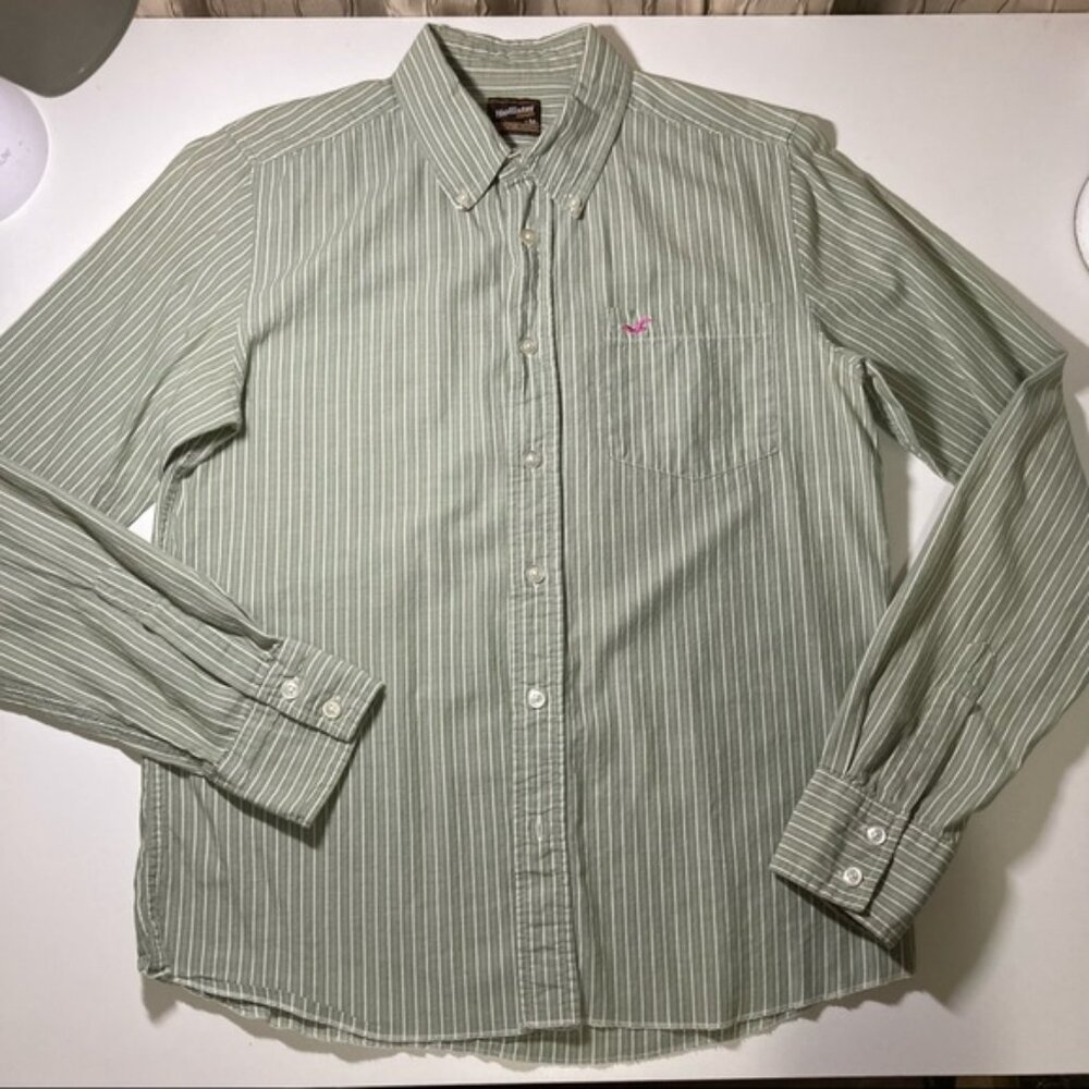 Hollister Casuals Men’s M Dress Shirt Button Collar Green Stripes Vintage Y2K